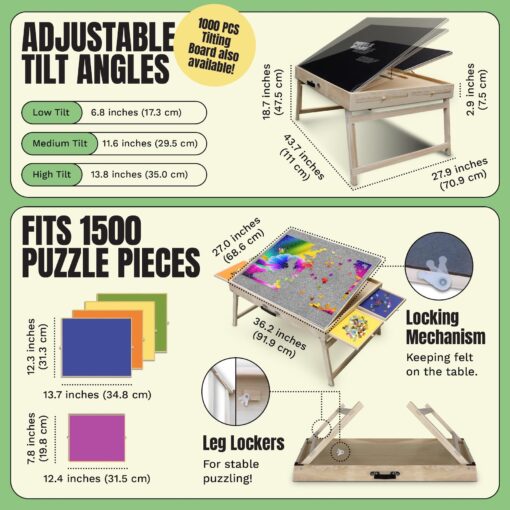 Puzzle Ready 1500-Piece Wooden Jigsaw Puzzle Table - 27" x 36" Foldable Portable Puzzle Board Design with Short Legs, 4 Colorful Drawers, 3 Adjustable Angles & Cover Mat - Image 7