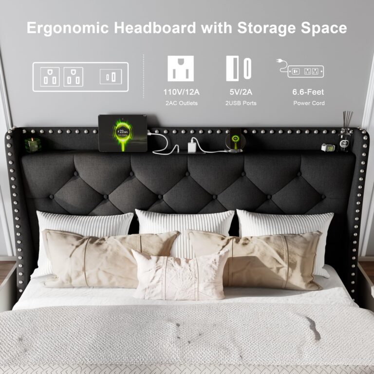 Feonase Full Size Bed Frame with Luxury Wingback and Fast Charging Station,Full Upholstered Button Tufted Storage Headboard Platform Bed,Sturdy Wooden Slats Support,Noise-Free,Easy Assembly,Black - Image 6