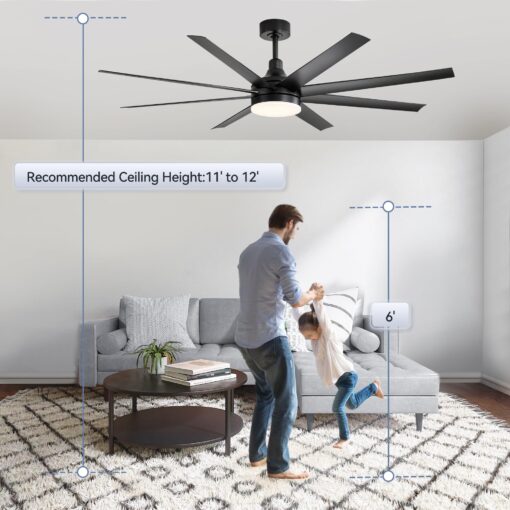 65 Inch Ceiling Fan with Light and Remote, 8-Blade, Reversible DC Motor, 6-Speed, Timer, Industrial Ceiling Fans with Led Light Chandelier for Bedroom Office (Black) - Image 2