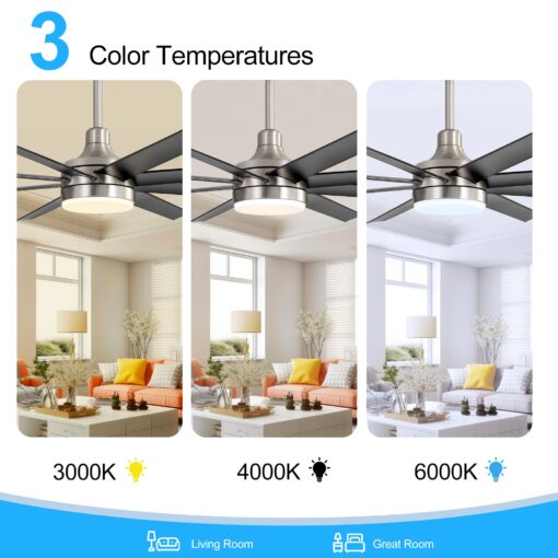 Breezary 65" Large Ceiling Fans with Lights and Remote, 8-Blade, Reversible DC Motor, 6-Speed, Timer, Industrial Ceiling Fans with Led Light Chandelier for Bedroom Office (Satin Nickel & Black) - Image 8