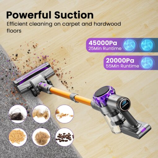 UML0 S3 Cordless Vacuum Cleaner, 45kPa Powerful Stick Vacuum, LED Display, 55-Min Runtime Rechargeable Cordless Vacuum, Free-Standing, Vacuum Cleaners for Home Pet Hair Carpet Hard Floor (Purple) - Image 7