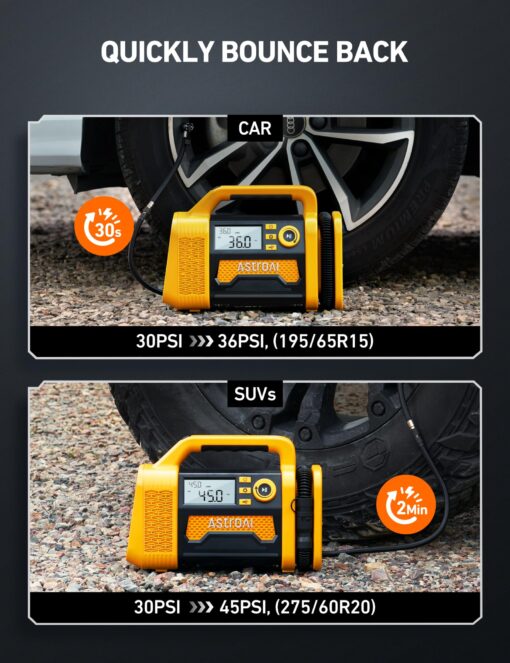 AstroAI TC3 Air Compressor Portable Tire Inflator Offroad Air Compressor for Truck 150PSI with Digital Display Air Pump for Car Heavy Duty for 4x4 Vehicle, RV, SUV, Car Accessories Yellow - Image 8
