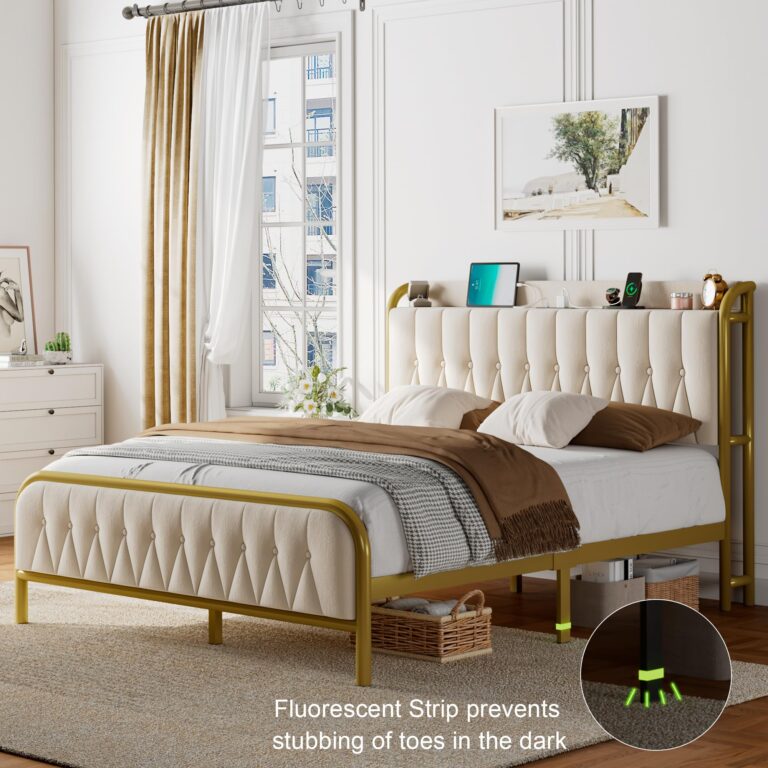 Feonase Queen Bed Frame with Type-C & USB Port, Metal Platform Beds, with Velvet Upholstered Headboard & Footboard, 12" Underbed Storage Space, Easy Assembly, Noise-Free, Beige - Image 6