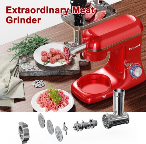 Vospeed 9 IN 1 Stand Mixer, 850W Tilt-Head Multifunctional Electric Mixer with 8 QT Stainless Steel Bowl, 1.5L Glass Jar, Meat Grinder, Hook, Whisk, Beater Dishwasher Safe (Red) - Image 6