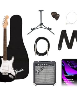 Fender Squier Debut Series Stratocaster Electric Guitar Kit, Beginner Guitar Kit, with 2-Year Warranty, with Padded Gig Bag, Frontman 10G Amp, Strap, and More, Includes Free Lessons, Black