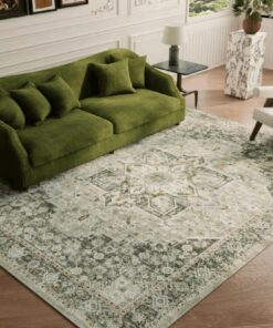 9×12 Machine Washable Rug for Living Room, Boho Vintage 9×12 Area Rug，Distressed Accent Low Pile Ultra Soft Large Carpet for Bedroom Bathroom Dining Room, Floral/Green