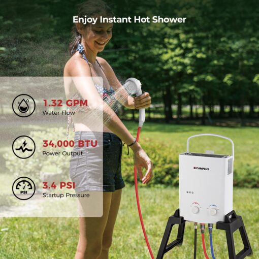 CAMPLUX Portable Tankless Water Heater, 1.32 GPM Outdoor Camping Propane Gas Water Heater Pump w/Free-standing Stand and Carry Bag, AY132Max, White - Image 8