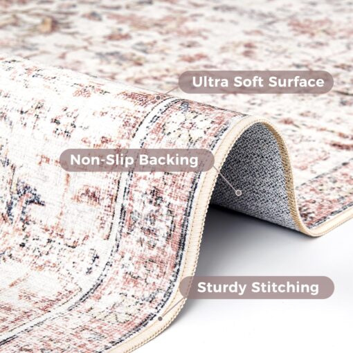 jinchan Area Rug 6x9 Washable Living Room Rug Vintage Indoor Large Floor Cover Retro Accent Mat Distressed Floral Country Boho Non Slip Thin Carpet for Bedroom Kitchen Dining Room Office Red Multi - Image 8