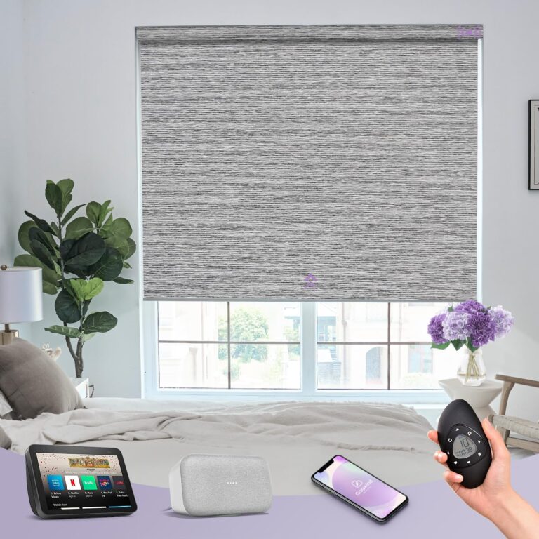 Graywind Smart Blackout Roller Shades Compatible with Alexa Google Textured Gleaming Fabric Rechargeable Motorized Blinds Cordless Remote Control Window Shades, Custom Size (Striped Grey)