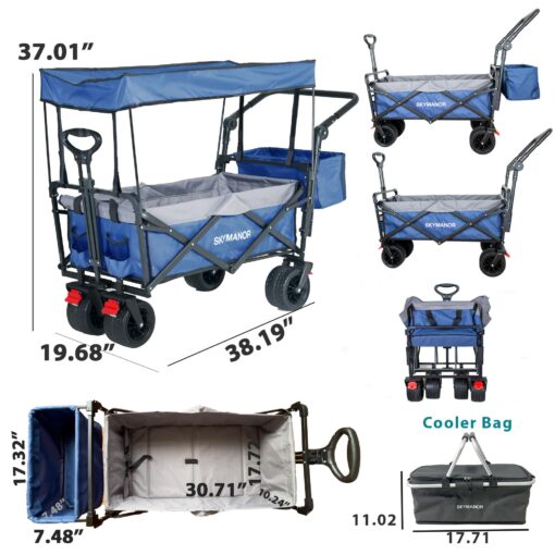 SKYMANOR Collapsible Wagon Folding Garden Cart with Removable Canopy Utility Heavy Duty Wagon Cart with All-Terrain Wheel Storage 4 Brake for Camping Shopping (Upgraded Canopy-Gray-Blue Splicing) - Image 4
