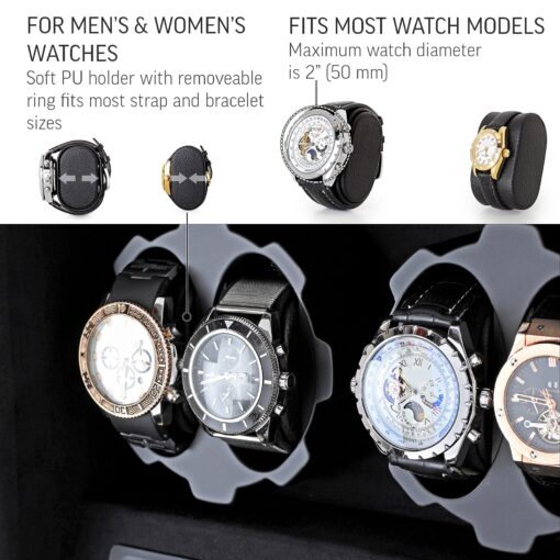 4 Watch Winder with 5 Watch Storage Space, LCD Display, Touch Control and Interior Light (Ebony + Black Velvet) - Image 6