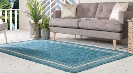 Unique Loom Outdoor Border Collection Area Rug - Soft Border (8'x 11' 4" Rectangle, Teal/ Ivory) - Image 9
