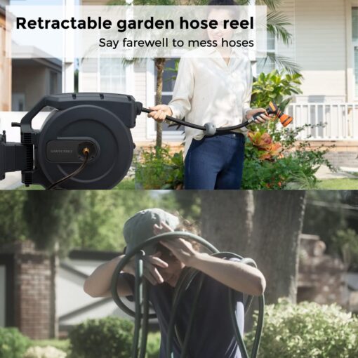 Giraffe Tools AW505/8 Retractable Garden Hose Reel 5/8" x 115+5 ft, Heavy Duty Wall Mounted Water Hose Reel Automatic Rewind, 180 Deg Swivel Bracket, Slow Retraction, 115ft, Dark Grey - Image 7