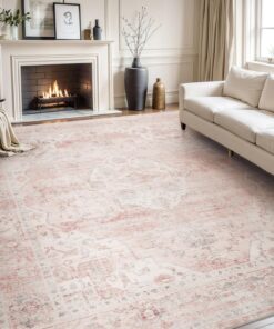 AMOAMI-Area Rug 6X9 Rugs for Living Room-Vintage Soft Pink Rugs for Bedroom-Non Slip Carpet-Machine Washable Rug for Dining Room Living Room Bedroom Office Under Table