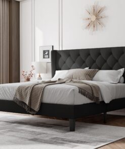 Feonase Full Size Bed Frame with Upholstered Wingback Headboard,Button Tufted Platform Bed and Heavy Duty Wooden Slats Support,Easy Assembly, Noise-Free,No Box Spring Needed, Black
