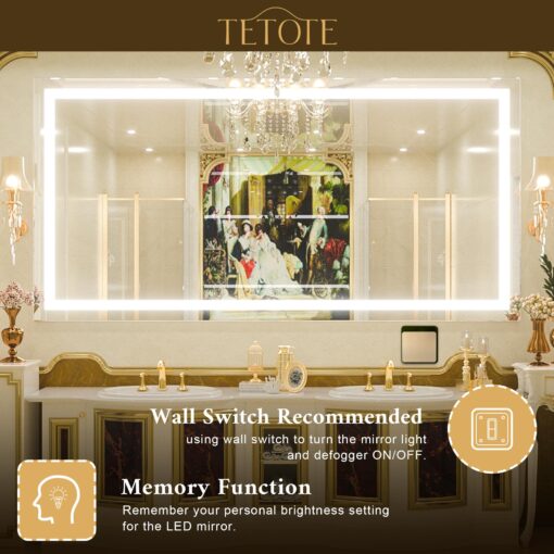 TETOTE 55 x 30 LED Bathroom Mirror with Lights, LED Mirror for Bathroom Vanity Dimmable Anti Fog Wall Mounted, Horizontal/Vertical, Tempered Glass - Image 5