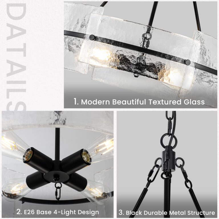 Modern Dining Room Chandelier 22” Black Textured Glass Chandelier Luxury Drum Crystal Light Fixture Farmhouse Round Hanging Lighting for Dining Room Kitchen Island Living Room Hallway Bedroom - Image 5