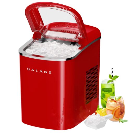 Galanz Portable Countertop Electric Ice Maker Machine, 26 lbs in 24 Hours, 9 Bullet Shaped Cubes Ready in 9 Minutes, 2 Ice Sizes, Perfect for Parties & Home Bar, 2.1 L, Retro Red