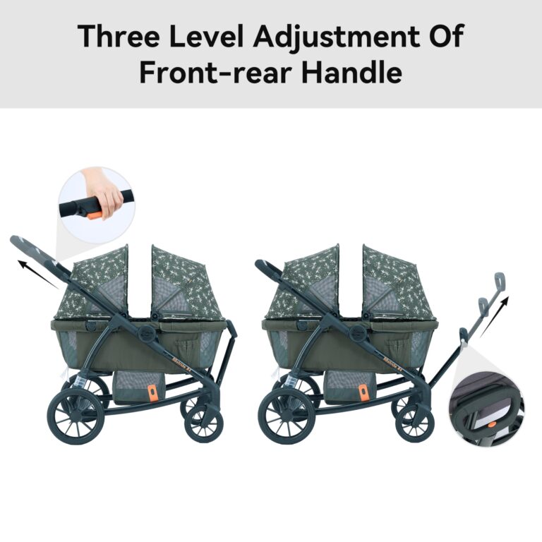 Pamo Babe Kid Wagon Double Stroller for 2 Kids Push Pull Double Wagon Travel Stroller Adjustable Handbar Waterproof Canopy Cup Holder and 3 Point Harness Green - Image 5
