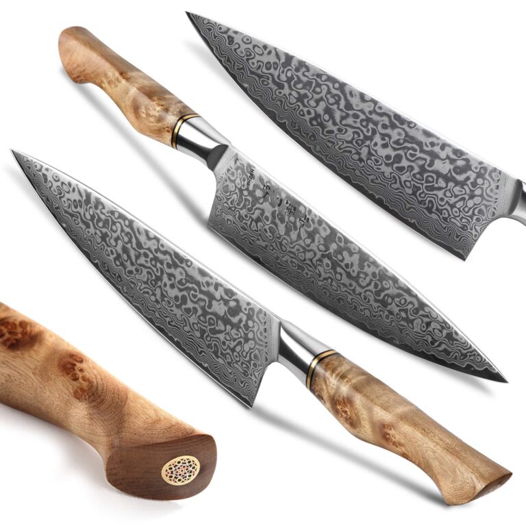 HEZHEN Damascus Kitchen Knives Set, Damascus Steel Japanese Style Chef Knife Utility Knife Santoku Knife,Figured Sycamore Wood Handle - Image 9