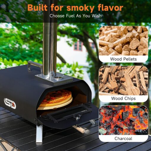 SizzleDelite Outdoor Pizza Oven Wood Pellet 12" Round Pizza Stone, Portable Wood Fired with Built-in Thermometer Pizza Stove, Stainless Steel Pizza Maker for Outside, Backyard, Camping - Black - Image 3