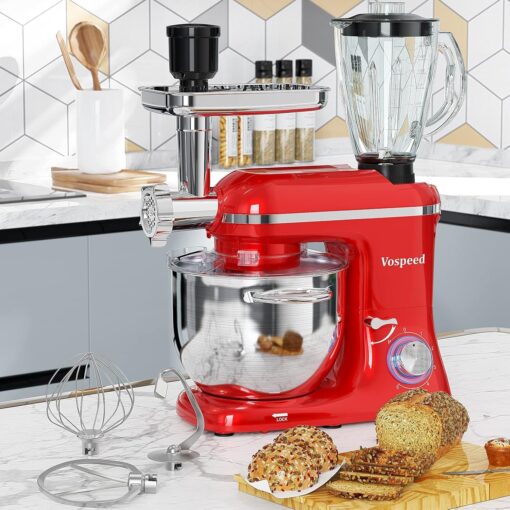 Vospeed 9 IN 1 Stand Mixer, 850W Tilt-Head Multifunctional Electric Mixer with 8 QT Stainless Steel Bowl, 1.5L Glass Jar, Meat Grinder, Hook, Whisk, Beater Dishwasher Safe (Red) - Image 2