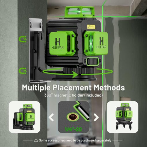 Huepar Laser Level 360 Self Leveling, 3 x 360° High Brightness Cross Line Laser for Construction and Picture Hanging, 12 Green Laser Level Tool with 5200 mAh Rechargeable Battery & Hard Carry Case - Image 4