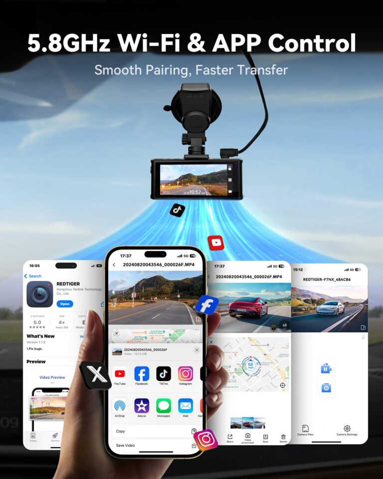REDTIGER 4K Dash Cam Front Rear, 5.8GHz WiFi APP Control, Voice Control, Included 128GB Card, 3.18'' Touch Screen, Dash Camera for Cars with GPS, WDR Night Vision, 24H Parking Monitor(F7NX) - Image 6