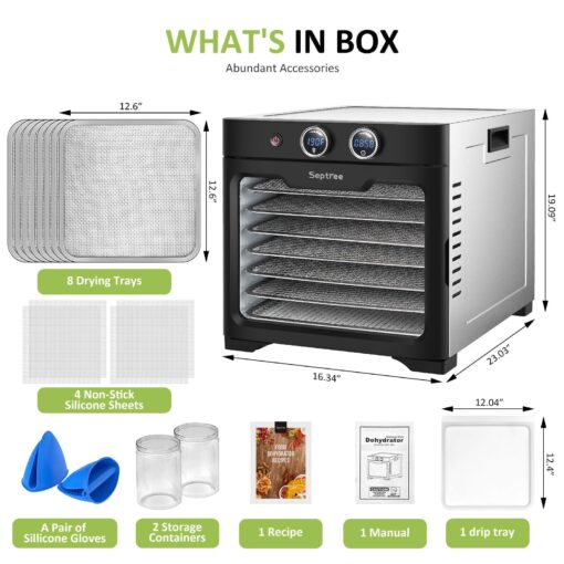 Septree Commercial Large 8 Trays Food Dehydrator machine, 8 Stainless Steel Trays Hold 10lb Raw Meats with 8.8ft² Drying Space,24H Timer,190°F Temperature Control, for Herbs, Meat, Fruit, Dog Treats - Image 2