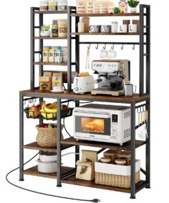 Baker Rack with Power Outlet - Microwave Stand with Storage, Large Coffee Bar Station with 14 Hooks, Metal Kitchen Shelf Rack for Spices, Pots (Rustic Brown)