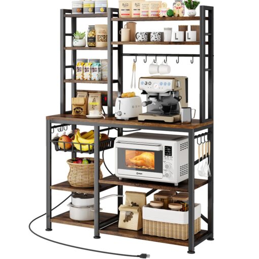 Baker Rack with Power Outlet - Microwave Stand with Storage, Large Coffee Bar Station with 14 Hooks, Metal Kitchen Shelf Rack for Spices, Pots (Rustic Brown)