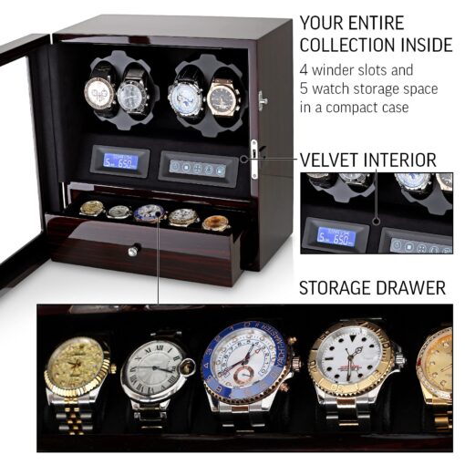 4 Watch Winder with 5 Watch Storage Space, LCD Display, Touch Control and Interior Light (Ebony + Black Velvet) - Image 4