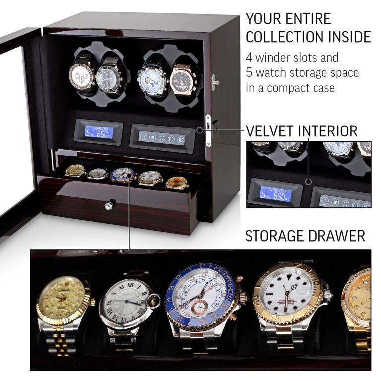 4 Watch Winder with 5 Watch Storage Space, LCD Display, Touch Control and Interior Light (Ebony + Black Velvet) - Image 4