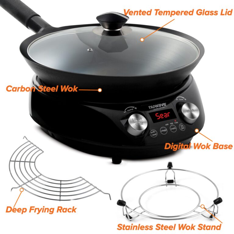 Nuwave Mosaic Induction Wok, Precise Temp Controls from 100°F to 575°F in 5°F, Wok Hei, Infuse Complex Charred Aroma & Flavor, 3 Watts 600,900 & 1500, Authentic 14-inch Carbon Steel Wok Included,Black - Image 4