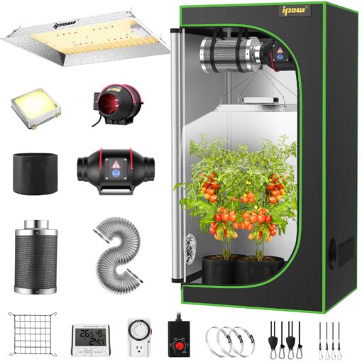 IPOW Grow Tent Kit Complete System 2x2 ft with VS1000 Led Grow Light, 4 Inch 190CFM Inline Fan, Carbon Filter and 8ft Ducting Combo, 24" x 24" x 55"
