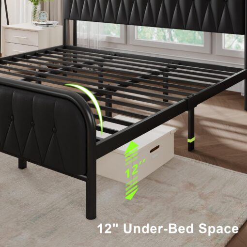 Feonase Leather King Size Bed Frame with Fast Charging Station,Metal Platform King Beds with Upholstered Headboard & Footboard,12" Underbed Storage Space, Easy Assembly,Noise-Free,Black - Image 3