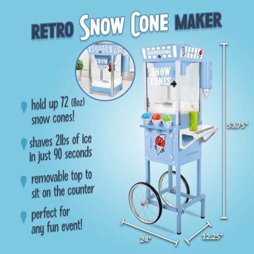 Nostalgia Snow Cone Shaved Ice Machine - Retro Cart Slushie Machine Makes 72 Icy Treats - Includes Metal Scoop, 2 Syrup Bottles, 100 Paper Cups/Spoons, Storage Compartment, Wheels - Blue, 54" Tall - Image 7