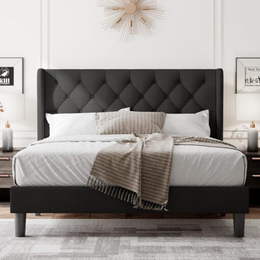 Feonase Full Size Bed Frame with Upholstered Wingback Headboard,Button Tufted Platform Bed and Heavy Duty Wooden Slats Support,Easy Assembly, Noise-Free,No Box Spring Needed, Black - Image 2