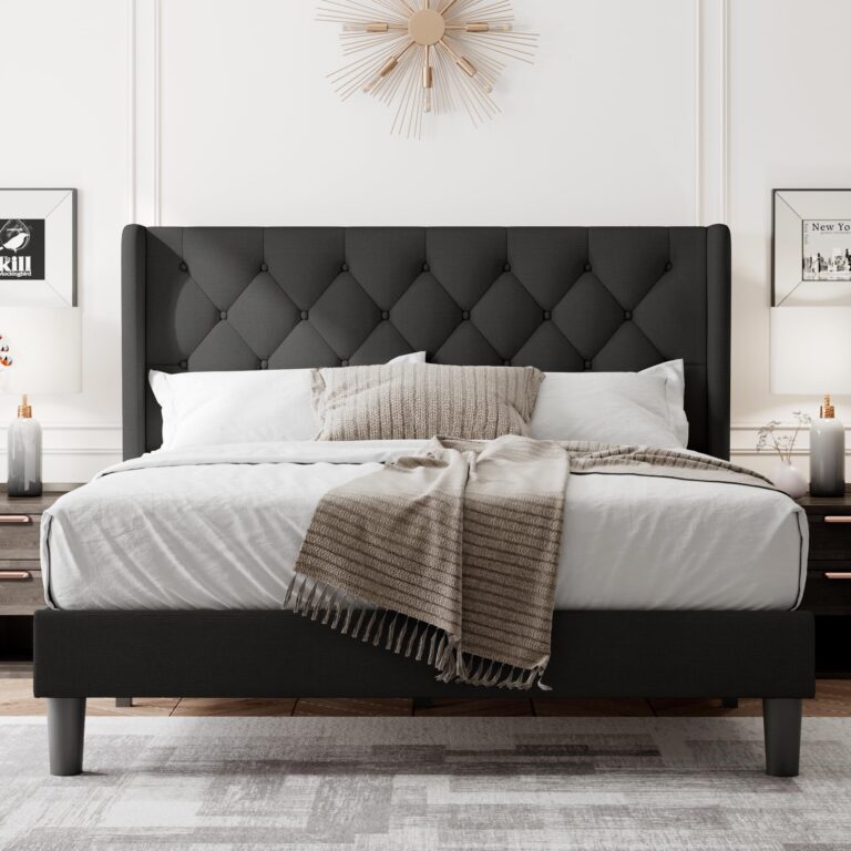 Feonase Full Size Bed Frame with Upholstered Wingback Headboard,Button Tufted Platform Bed and Heavy Duty Wooden Slats Support,Easy Assembly, Noise-Free,No Box Spring Needed, Black - Image 2