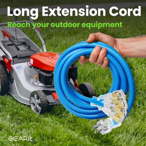 GEARit Outdoor 10 AWG Gauge 3 Prong Plug, Extension Cord, Triple Outlet Ultra Heavy Duty SJEOW, 10/3, for Indoor/Outdoor, LED Lighted Plug, Resistant Rubber Jacket, Extreme Weather, 100 Ft, Blue - Image 7
