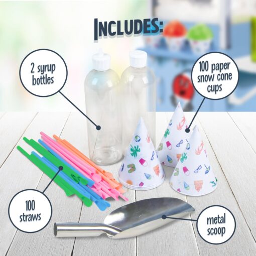 Nostalgia Snow Cone Shaved Ice Machine - Retro Cart Slushie Machine Makes 72 Icy Treats - Includes Metal Scoop, 2 Syrup Bottles, 100 Paper Cups/Spoons, Storage Compartment, Wheels - Blue, 54" Tall - Image 4