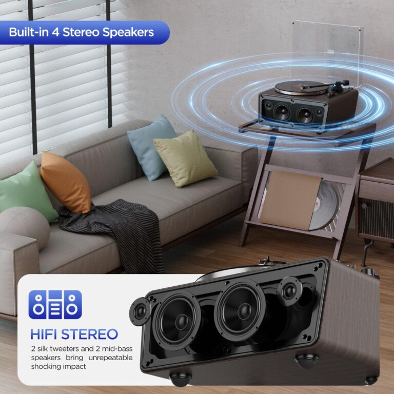 All in One Vinyl Record Player, Bluetooth Turntable with Built in 4 Stereo Speakers Phono Preamp, High Fidelity Turntables for Vinyl Records with Magnetic Cartridge AT-3600L MM, Belt Drive 2-Speed - Image 5