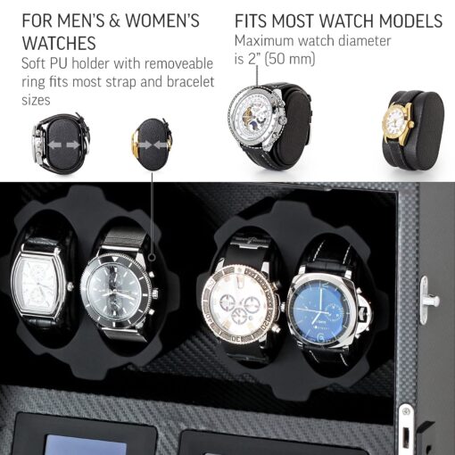 4 Watch Winder with 5 Watch Storage Space, LCD Display, Touch Control and Interior Light (Carbon + Black) - Image 5