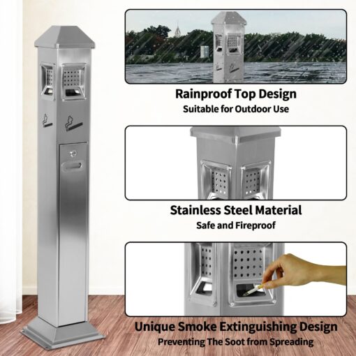 lukar Commercial Butt Receptacle Outdoor Metal Trash Can Heavy Duty Standing Ash Bin for Patios Gardens Hotels Pubs Offices (Silver) - Image 2
