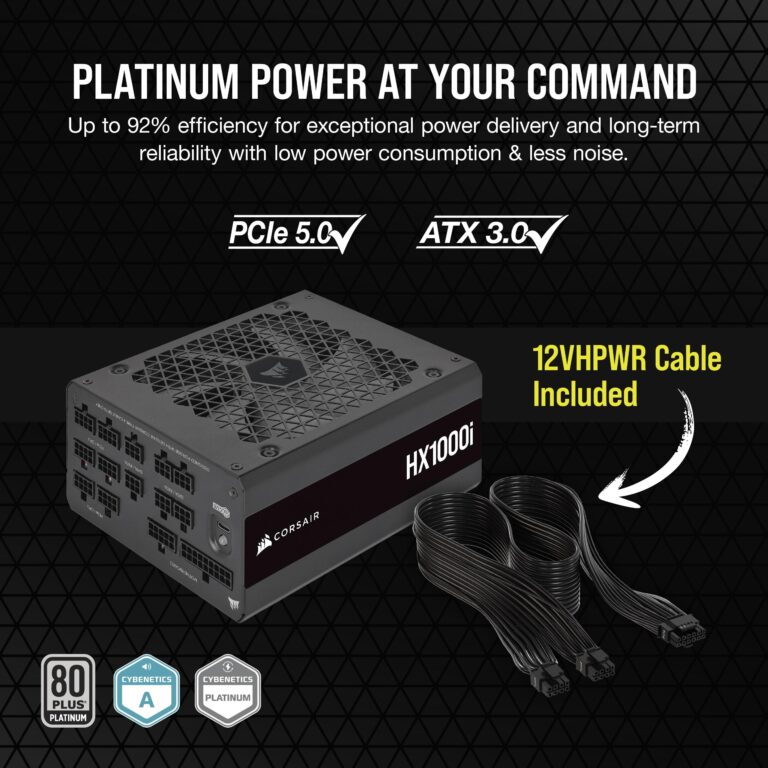Corsair HX1000i Fully Modular Ultra-Low Noise ATX Power Supply - ATX 3.0 & PCIe 5.0 Compliant - Fluid Dynamic Bearing Fan - CORSAIR iCUE Software Compatible - 80 Plus Platinum Efficiency - Black - Image 6
