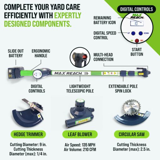 3-in-1 Cordless Yard Landscaping Tool Long Reach Hedge Trimmer + Tree Trimmer + Electric Leaf Blower Cordless with Battery & Charger Battery Powered Pole Saw & Tree Saw & Weed Eater by Max Reach Tools - Image 8