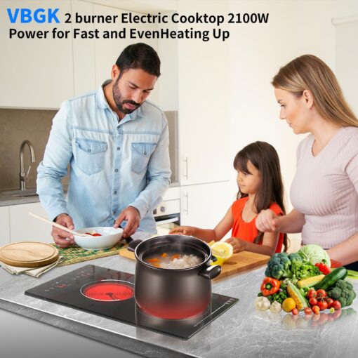 VBGK Electric Cooktop, 12 Inch Built-in Radiant Electric Stove Top,110V 2100W Electric burner with 2 Burners, 9 Heating Level, Timer & Kid Safety Lock, Sensor Touch Control 2 burner Induction Cooktop - Image 8