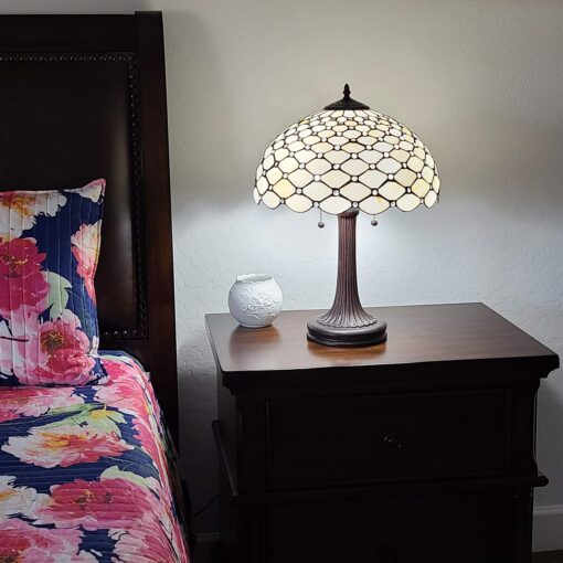Tiffany Style Table Lamp Banker Jeweled 26" Tall Stained Glass White Yellow Stains Antique Vintage Light Decor Nightstand Living Room Bedroom Handmade Gift AM1041TL16B Amora Lighting - Image 4