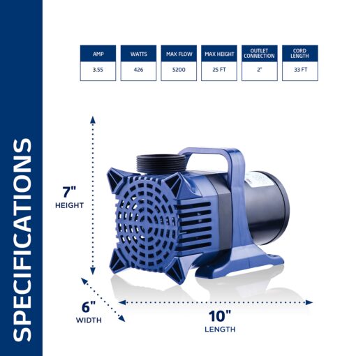 Alpine Corporation - 5200 GPH Submersible Water Pump with 33 FT Cord & Adapters for Ponds, Fountains, Waterfalls – Energy-Efficient, Quiet Operation, Vertical/Horizontal Use, 426 Watts, 25 FT Lift - Image 14