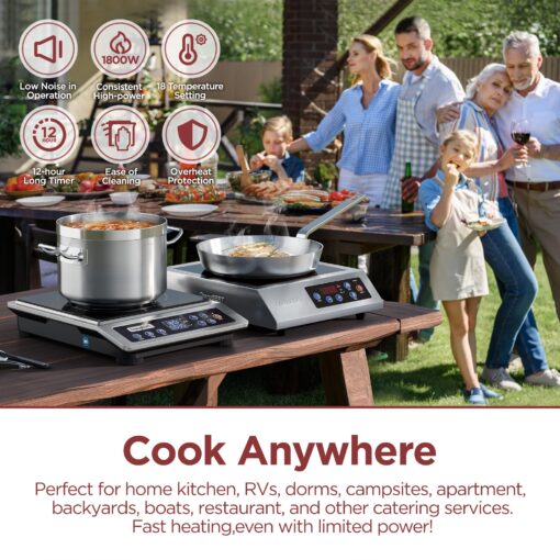 ChangBERT Portable Induction Cooktop, NSF Certified Pro Induction Hot Plate, Powerful 1800W with Large 8" Heating Coil, 18/10 Stainless Steel, 18 Temp Settings Commercial Grade Countertop Burner - Image 6